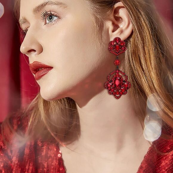 Carbon Black with Ruby Red Austrian Crystal Floral Teardrop Chandelier Earrings - Picture 3 of 4